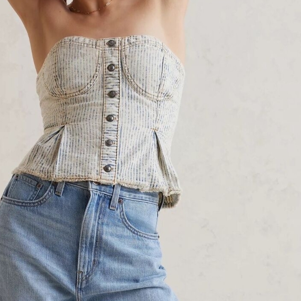 Pilcro Bustier Crop Top in Blue and White